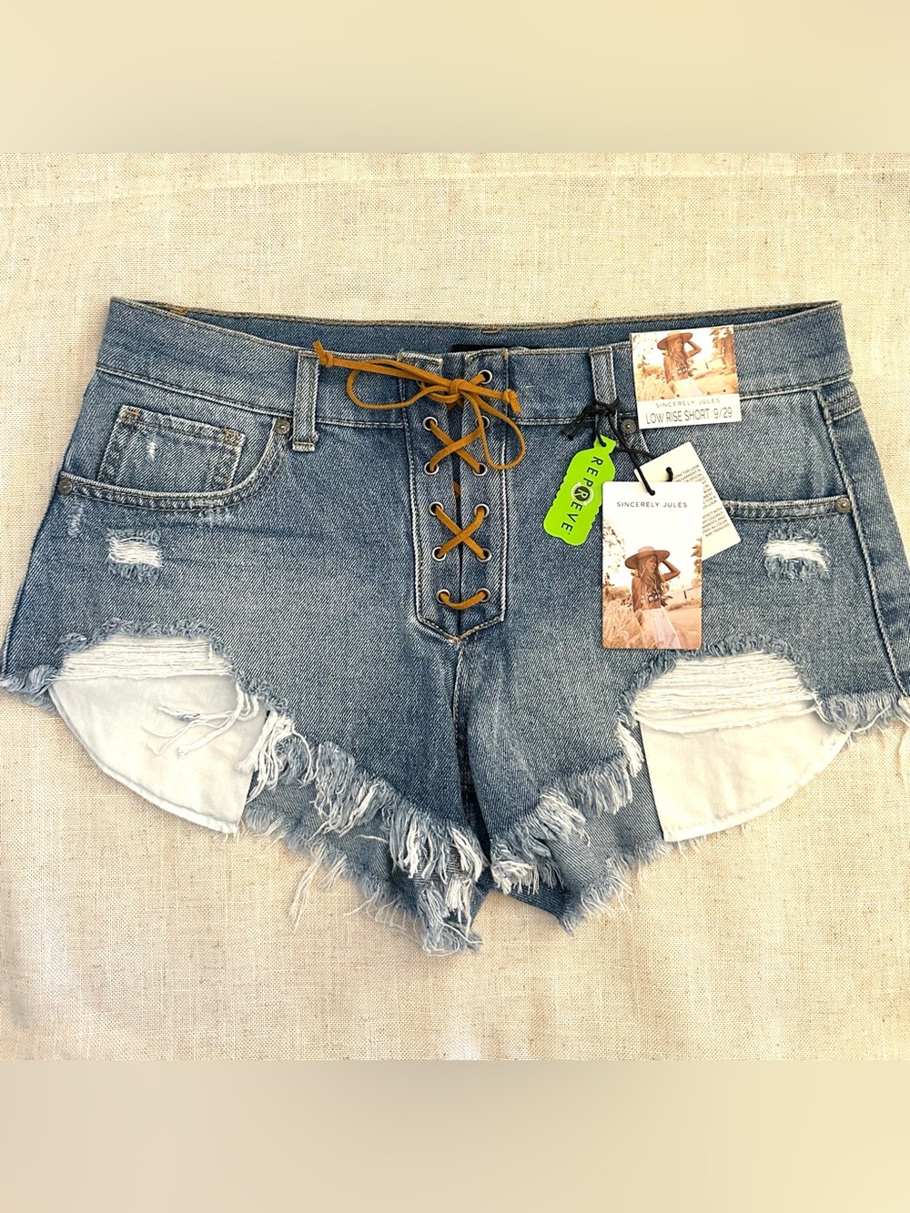 Sincerely Jules Lace-Up Distressed Denim Shorts Blue & Tan Leather Laces Stretch